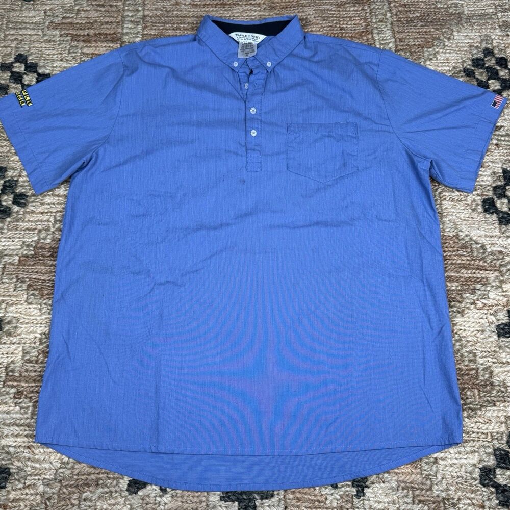 Waffle House Uniform Shirt Mens XL Used Blue Button Restaurant Work Flag Patch